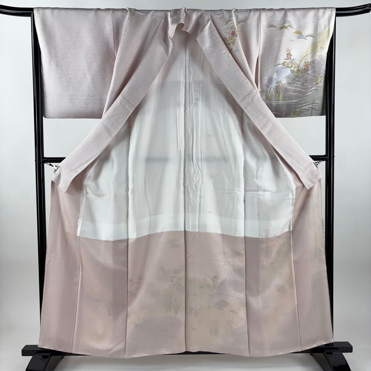  訪問着 身丈159 5 cm 裄丈66 M 袷 冊子 草花 金糸 金彩 薄ピンク 正絹 訪問着 付け下げ 着物