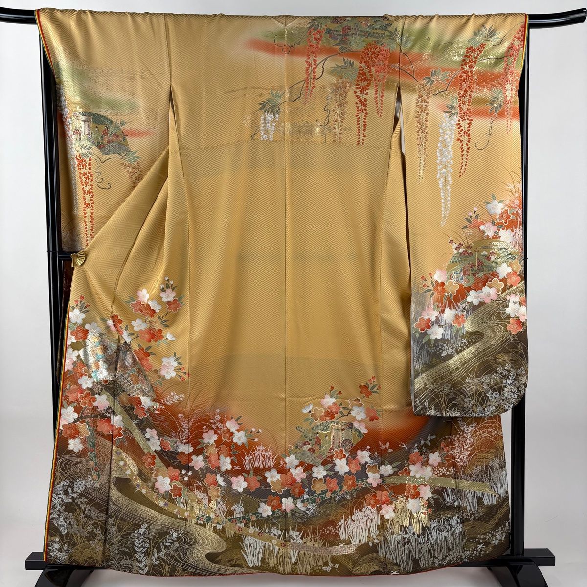 振袖 身丈162.5 cm 裄丈66.5 M 袷 桂由美 落款 扇面 姫 金銀彩 ぼかし 薄茶色 正絹