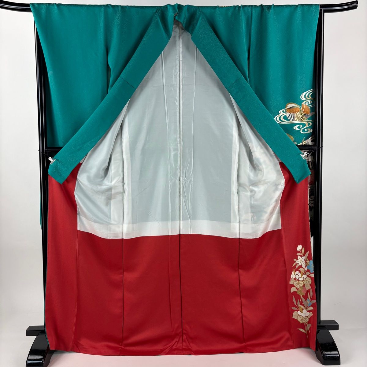  振袖 身丈169 cm 裄丈68 L 袷 菊 鴛鴦 金銀彩 銀通し 青緑 正絹 振袖 着物