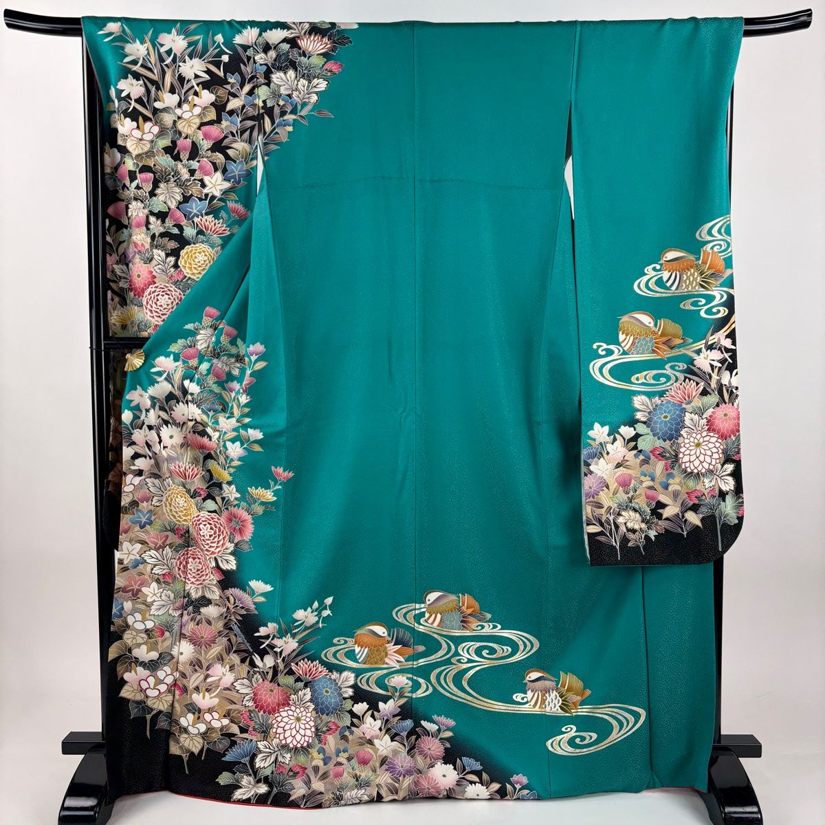 振袖 身丈169 cm 裄丈68 L 袷 菊 鴛鴦 金銀彩 銀通し 青緑 正絹