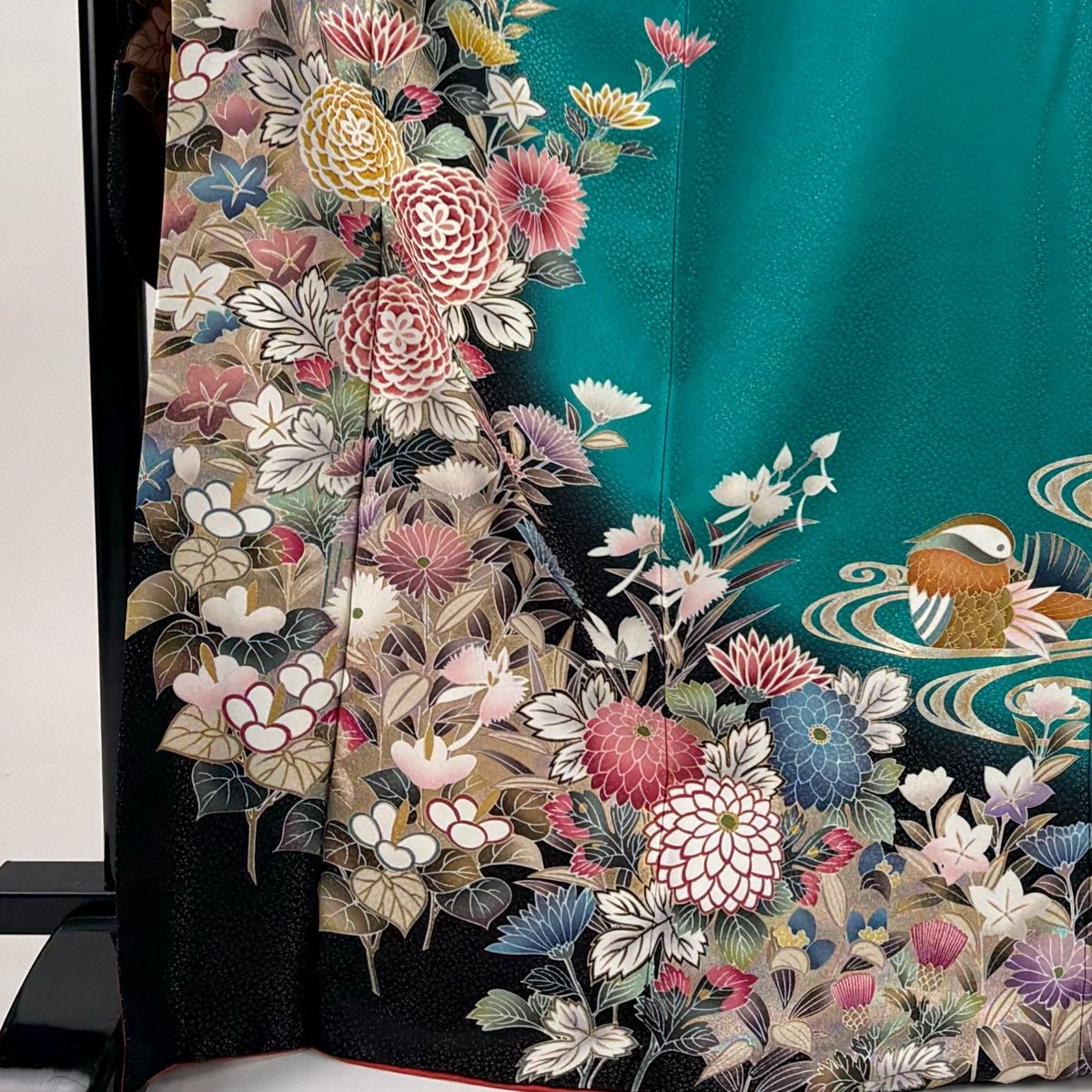 振袖 身丈169 cm 裄丈68 L 袷 菊 鴛鴦 金銀彩 銀通し 青緑 正絹