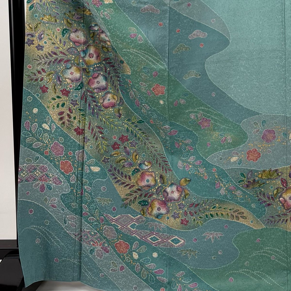 訪問着 身丈168 cm 裄丈66 5 M 袷 辻が花柄 ヱ霞 金彩 青灰色 正絹