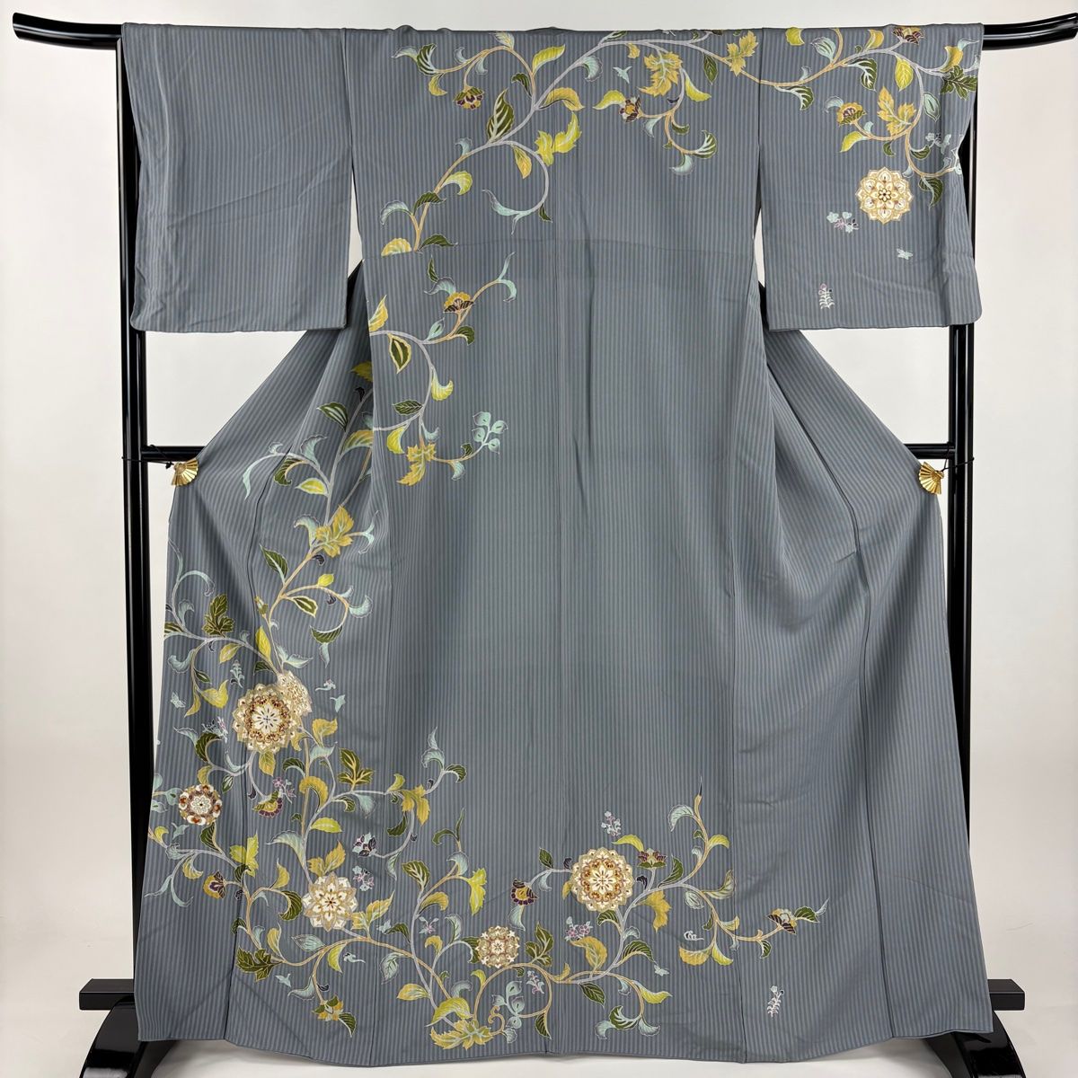 訪問着 身丈165.5 cm 裄丈66.5 M 袷 華文 花唐草 金糸 金彩 青灰色 正絹