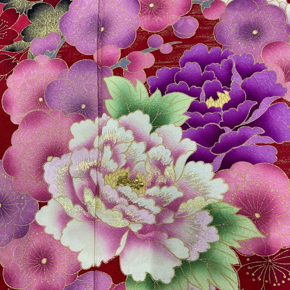  振袖 身丈169.5 cm 裄丈69 L 袷 牡丹 桜 箔 金彩 クリーム 正絹 振袖 着物