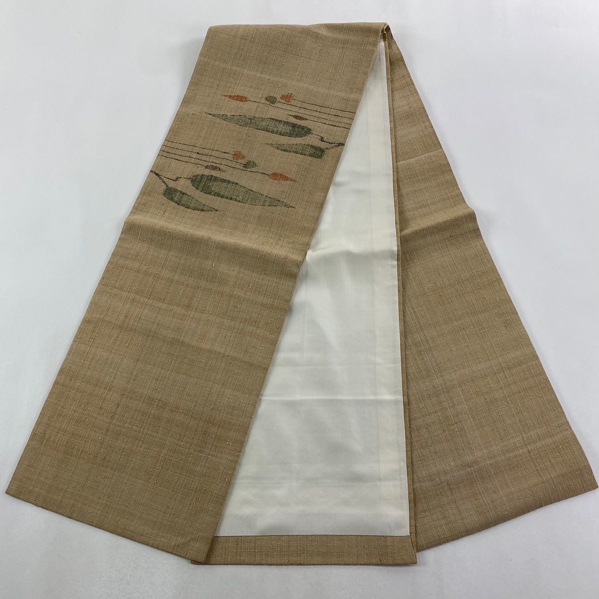 美品】 開き名古屋帯 名品 紬地 葉柄 購入 ベージュ 正絹 【】 美品】 開き名古屋帯 名品 紬地 葉柄 購入 ベージュ 正絹 【】
