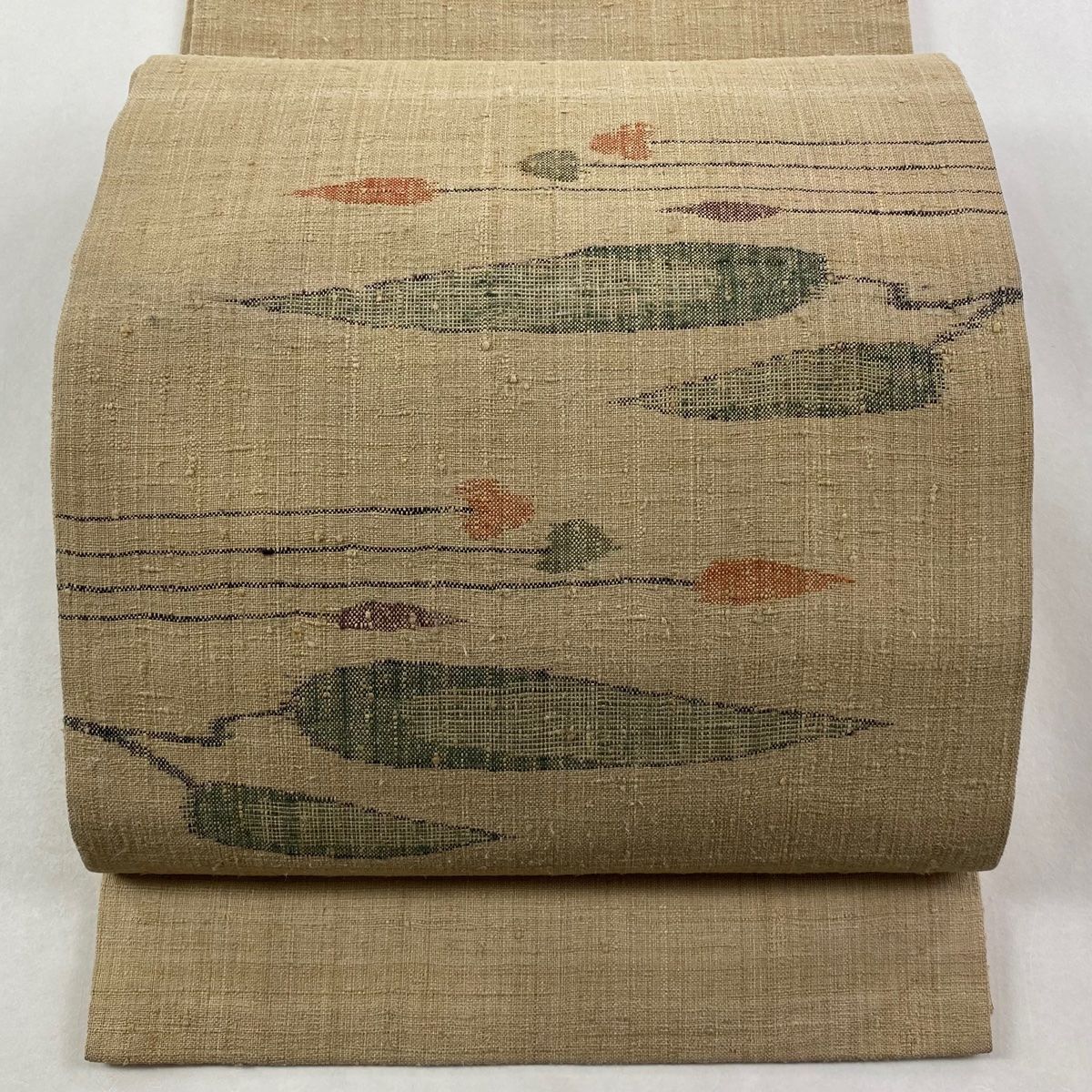 美品】 開き名古屋帯 名品 紬地 葉柄 購入 ベージュ 正絹 【】 美品】 開き名古屋帯 名品 紬地 葉柄 購入 ベージュ 正絹 【】