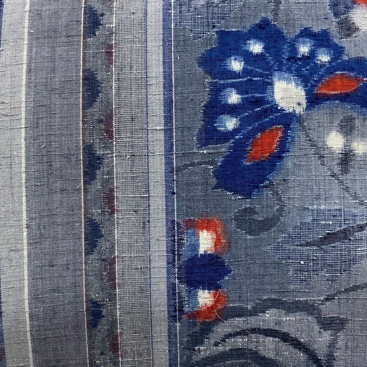 袋帯 証紙 結城紬地 はたおり娘 縞 花唐草 青灰色 全通 正絹