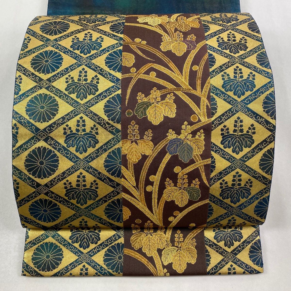 袋帯 長嶋成織物 落款 瀞金錦 桐 菱 本金箔 茶色 お太鼓柄 正絹