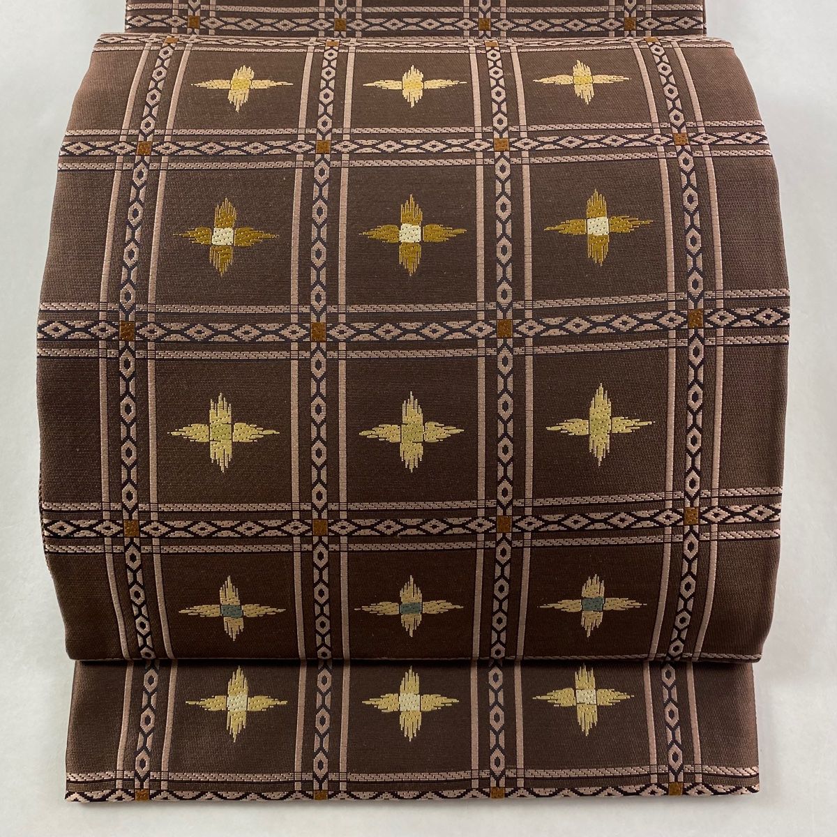 袋帯 格子 幾何学 茶色 全通 正絹