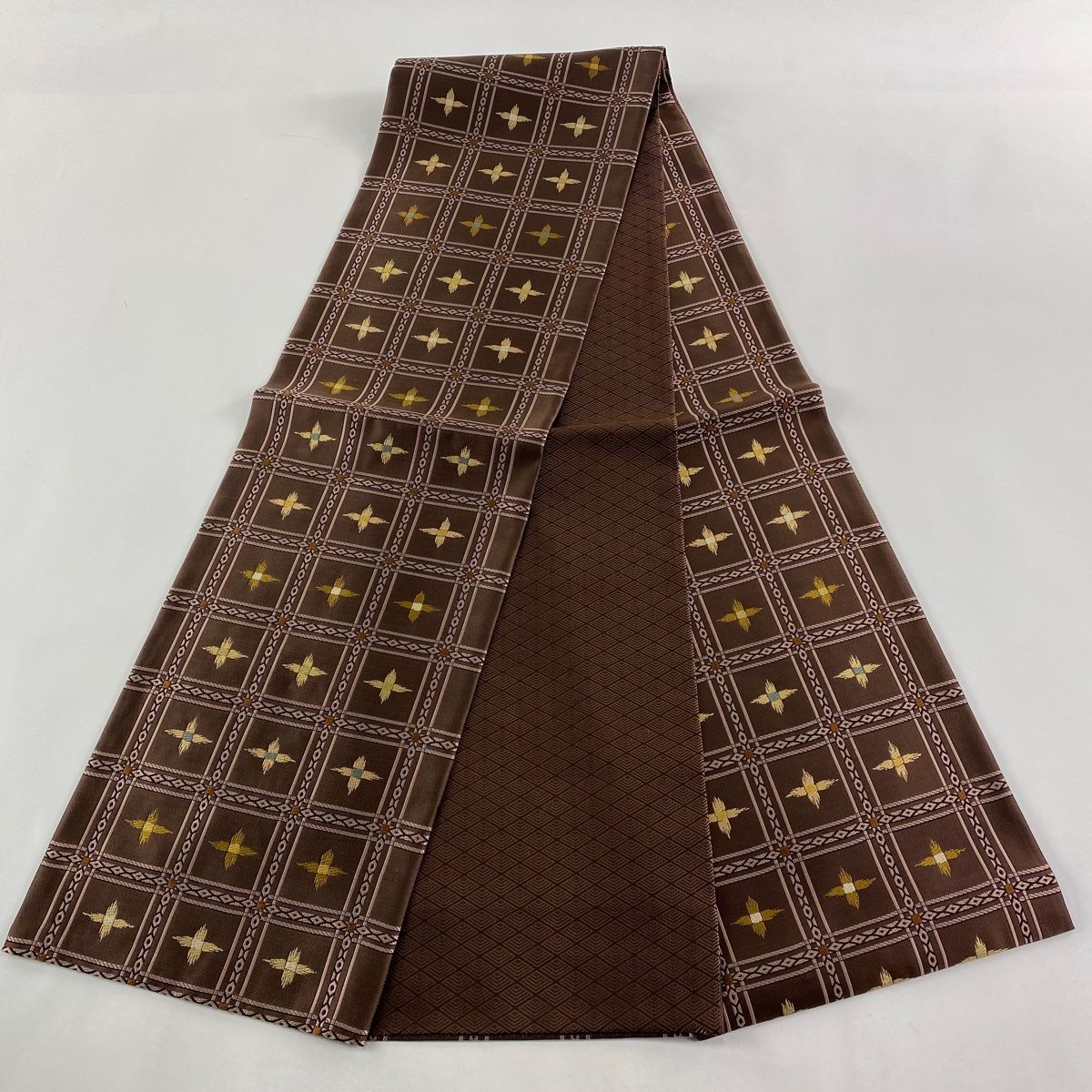  袋帯 格子 幾何学 茶色 全通 正絹 袋帯 帯