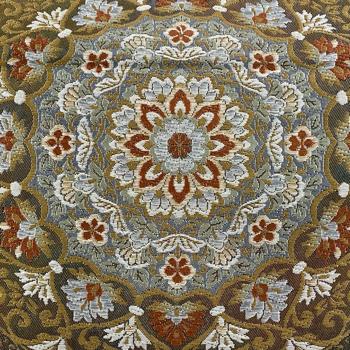 袋帯 華文 花唐草 箔 茶緑色 六通 正絹