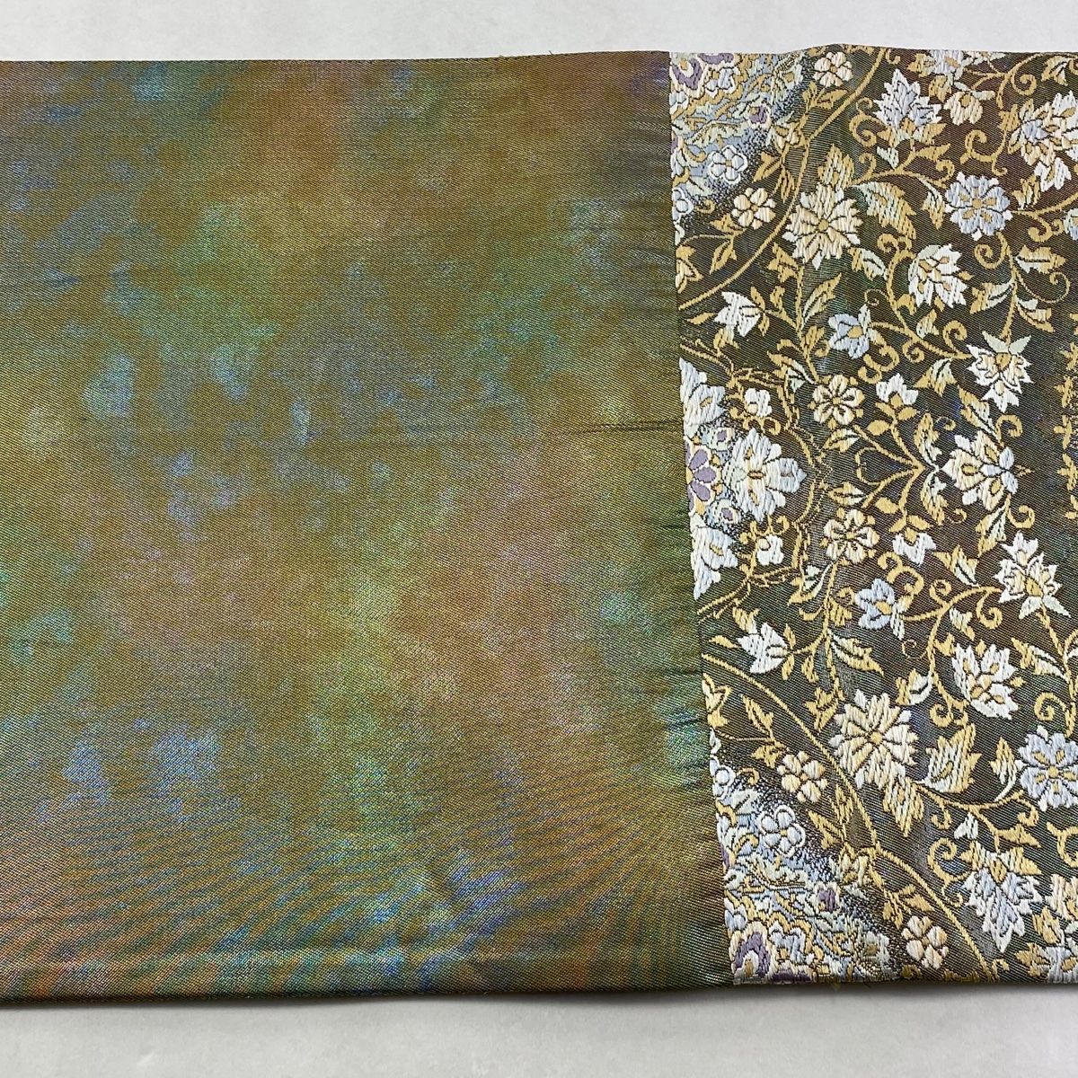  袋帯 華文 花唐草 箔 茶緑色 六通 正絹 袋帯 帯