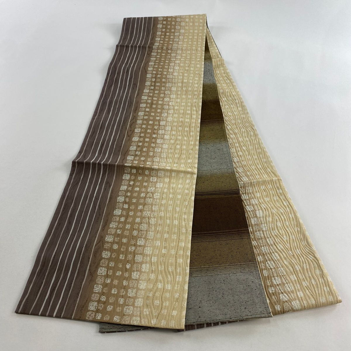  袋帯 縞 幾何学 金糸 茶色 全通 正絹 袋帯 帯