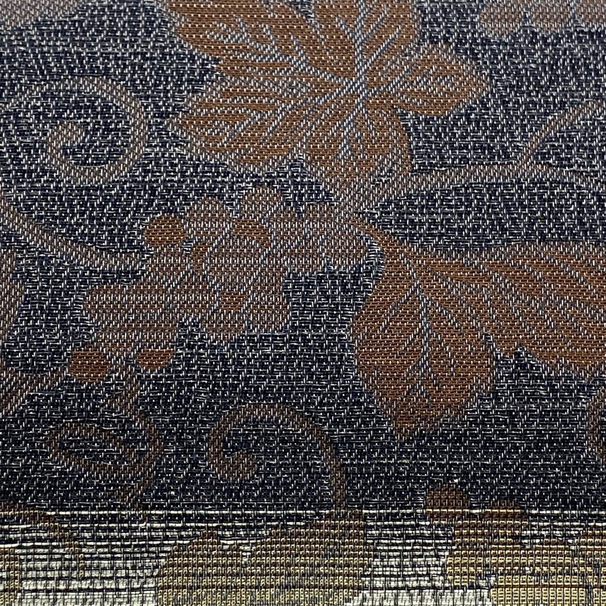 袋帯 段縞 葡萄唐草 黒灰 六通 正絹