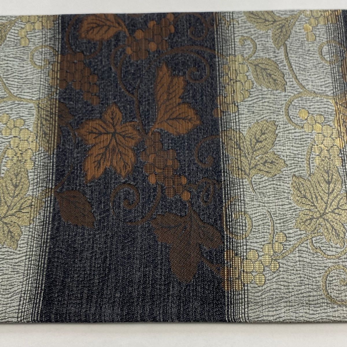  袋帯 段縞 葡萄唐草 黒灰 六通 正絹 袋帯 帯