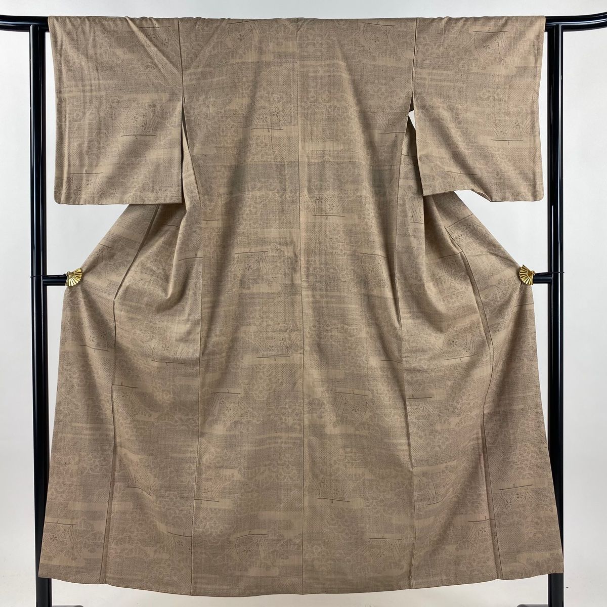 結城紬 身丈151.5 cm 裄丈63 S 袷 本場結城紬 証紙 帆船 青海波 薄茶色 正絹