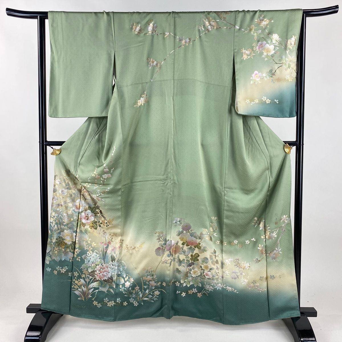 訪問着 身丈161 cm 裄丈65 M 袷 藤本隆士 落款 枝花 草花 螺鈿 金銀彩 灰緑 正絹