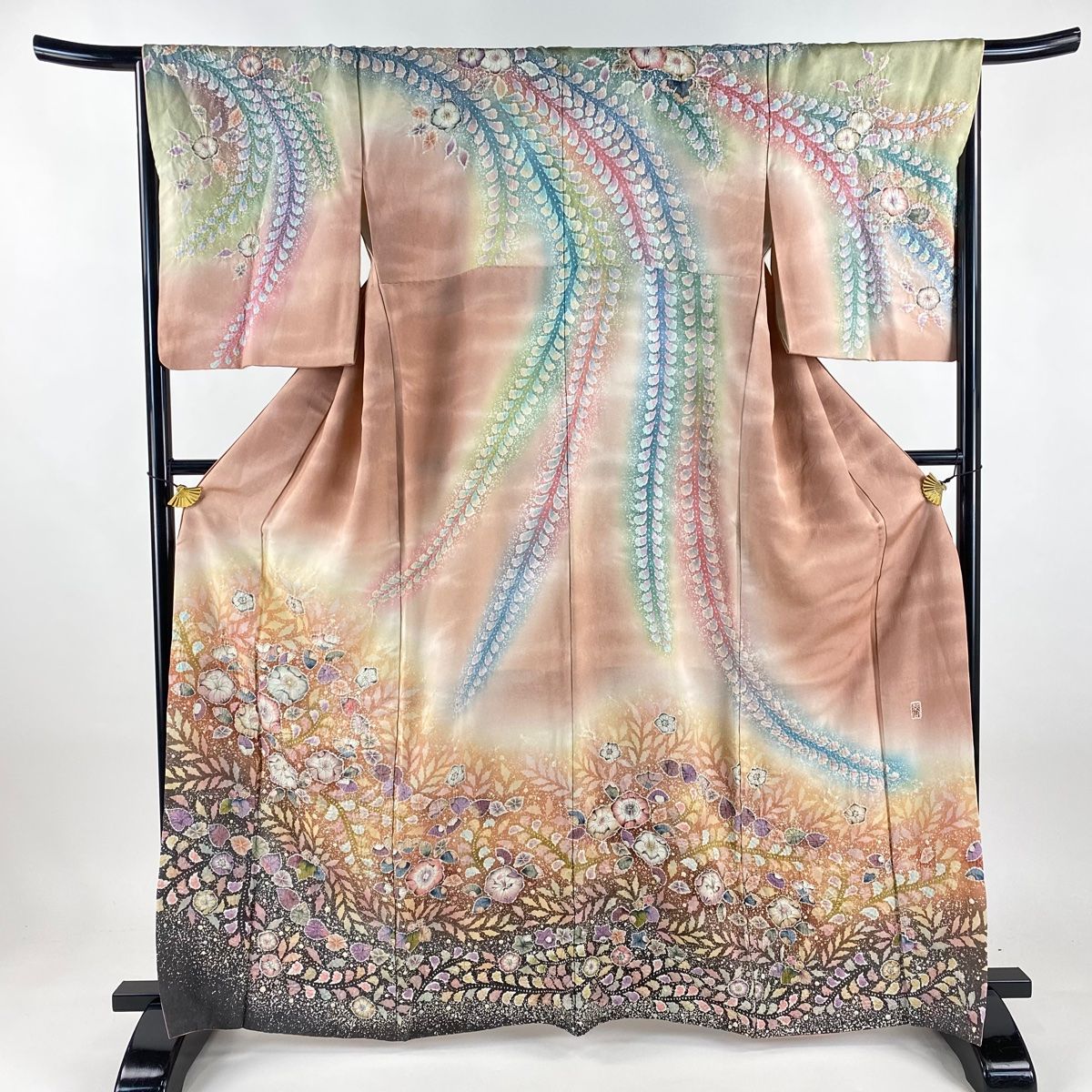 訪問着 身丈164 cm 裄丈69 L 袷 翠山工房 落款 辻が花 銀通し ぼかし ピンクベージュ 正絹 一つ紋