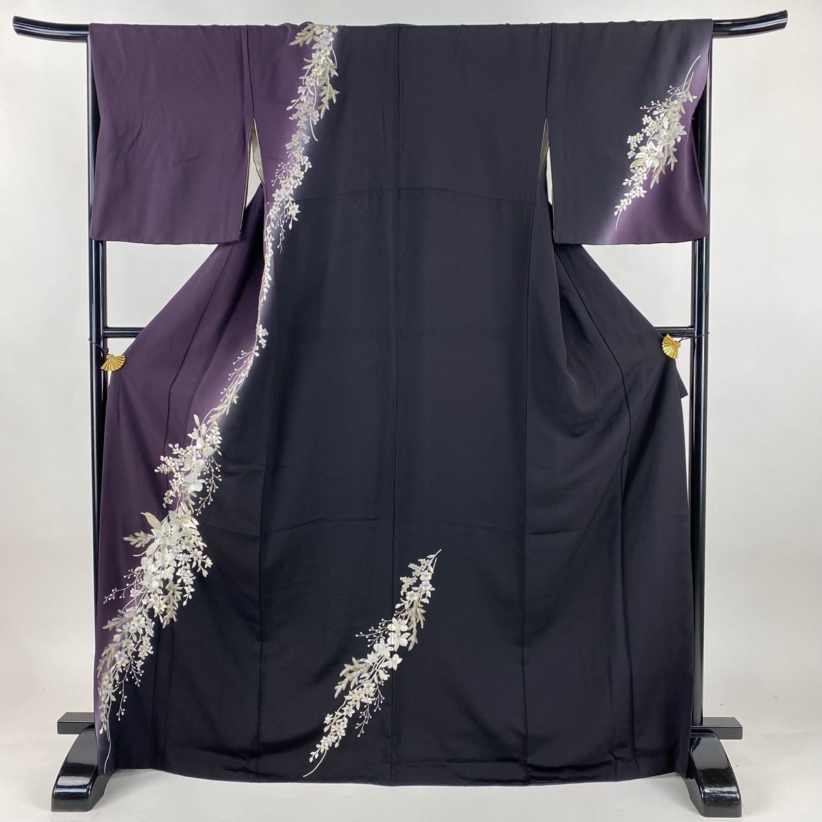 訪問着 身丈170 cm 裄丈67 M 袷 草花 刺繍 金糸 黒 正絹