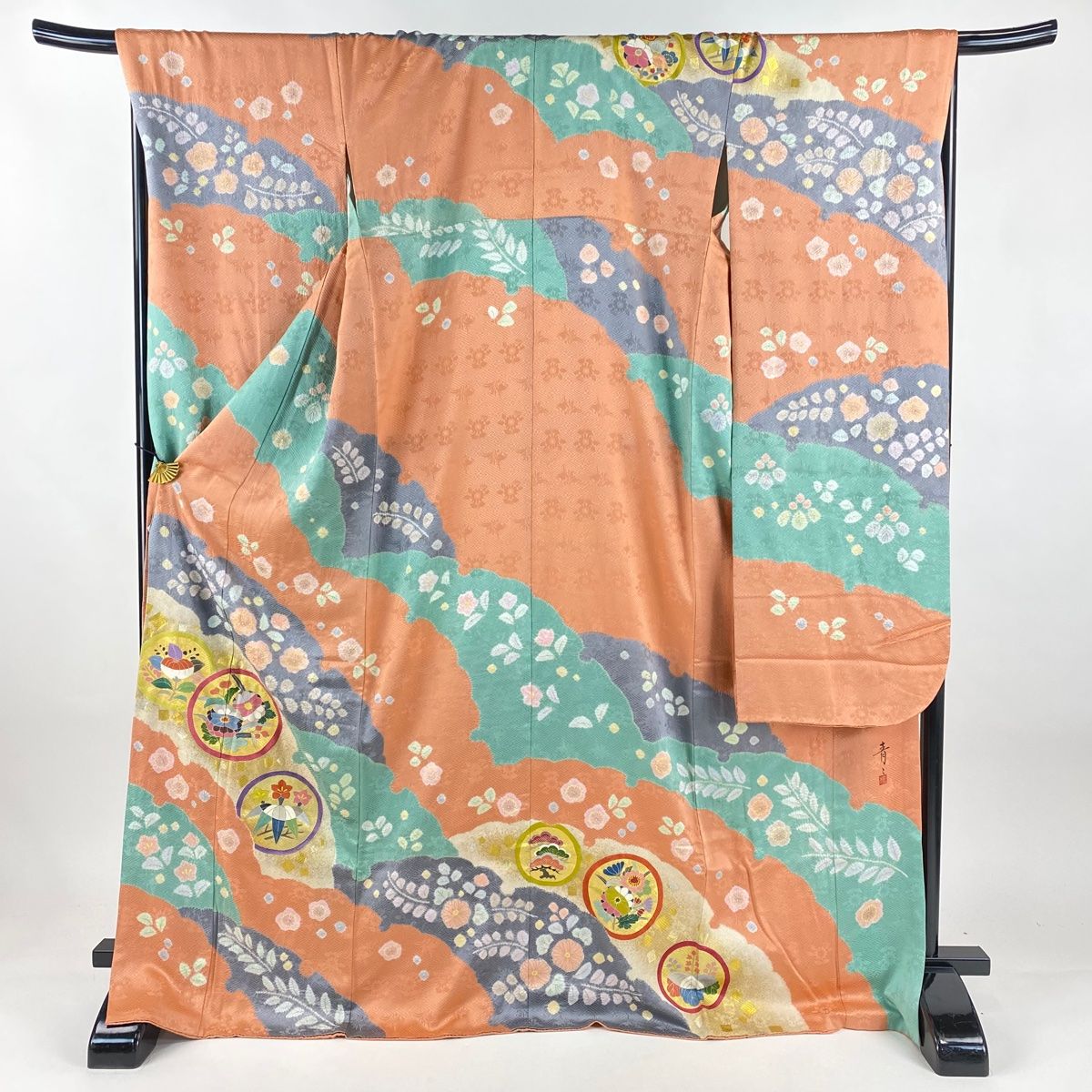振袖 身丈173 cm 裄丈69 L 袷 松井青々 落款 丸紋 草花 絞り 金彩 サーモンピンク 正絹