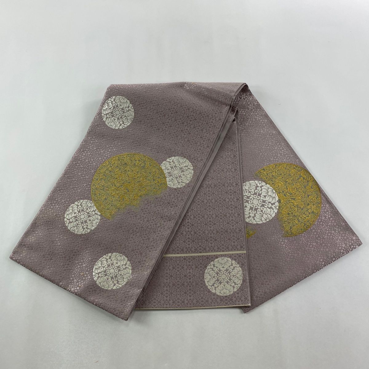  袋帯 山口美術織物 落款 共 き 関西仕立て 葡萄鏡文 金糸 唐織 薄紫 お太鼓柄 正絹 袋帯 帯