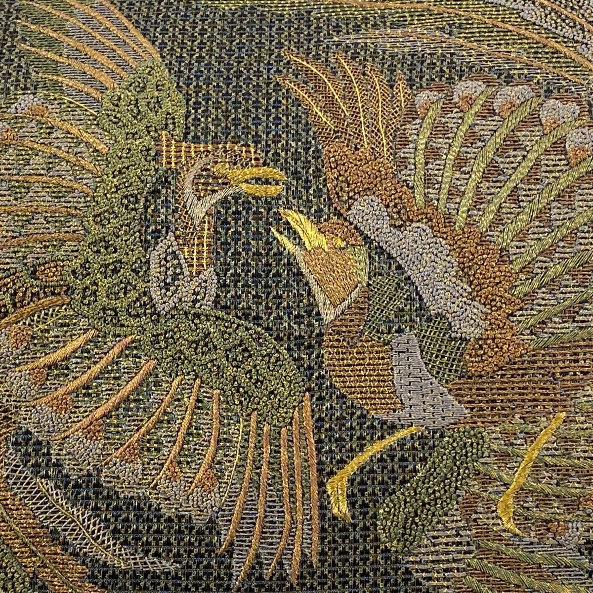 袋帯 向い鳥 刺繍 金糸 深緑 お太鼓柄 正絹