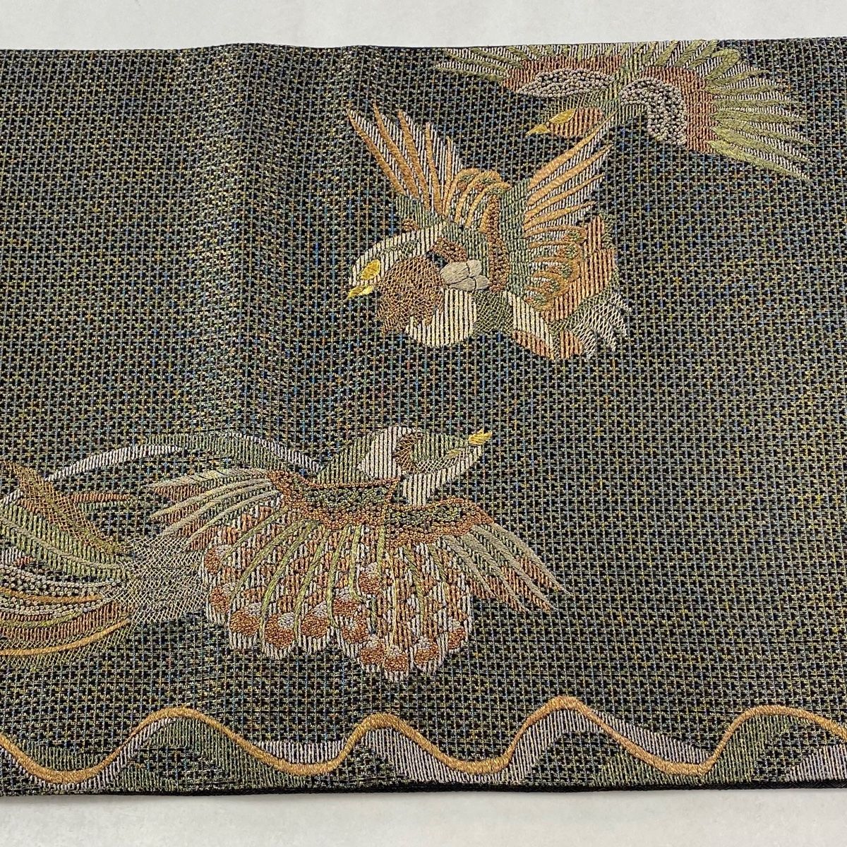  袋帯 向い鳥 刺繍 金糸 深緑 お太鼓柄 正絹 袋帯 帯