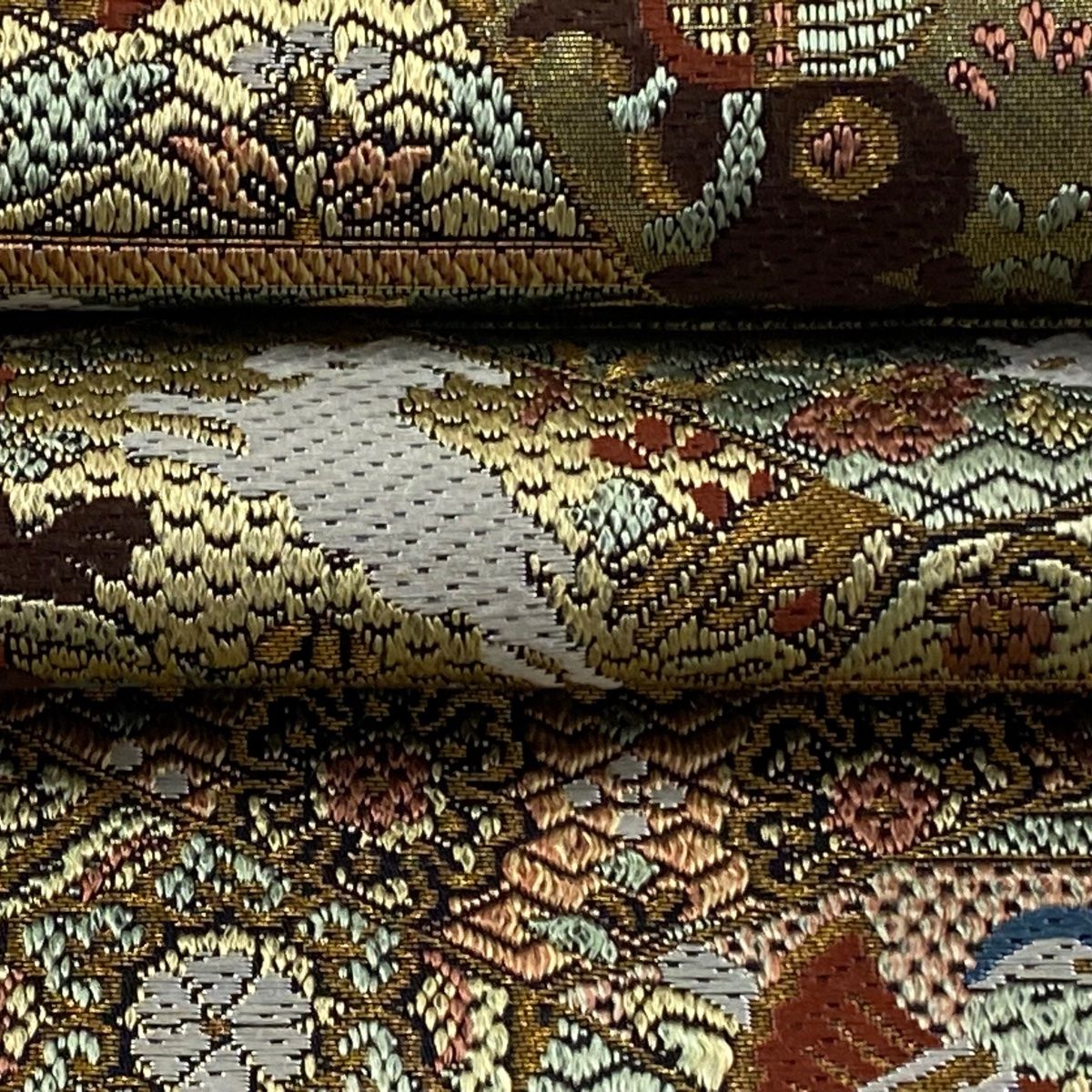  袋帯 丸文 花唐草 金糸 本金箔 灰緑 全通 正絹 袋帯 帯