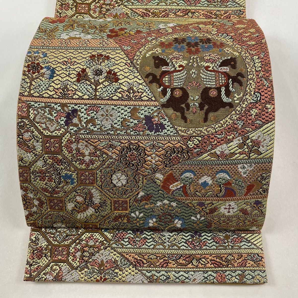 袋帯 丸文 花唐草 金糸 本金箔 灰緑 全通 正絹