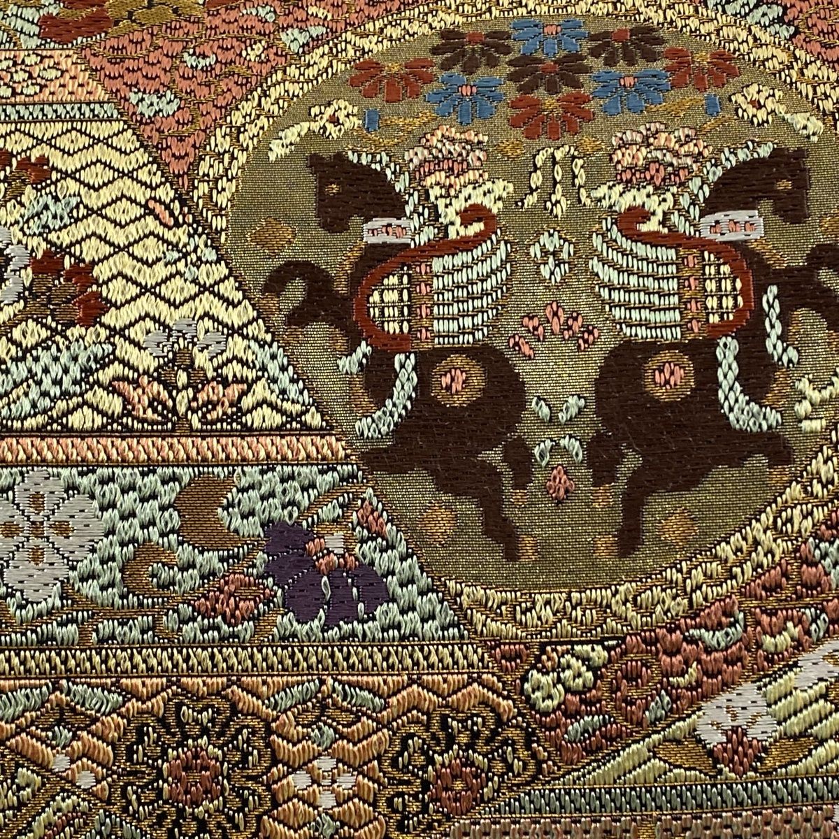 袋帯 丸文 花唐草 金糸 本金箔 灰緑 全通 正絹