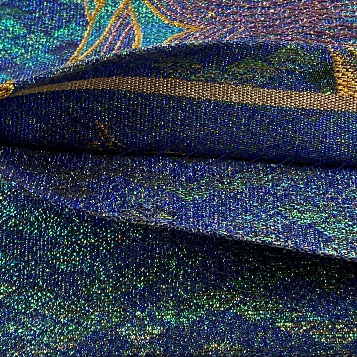  袋帯 幾何学模様 立涌 箔 金糸 青緑 六通 正絹 袋帯 帯