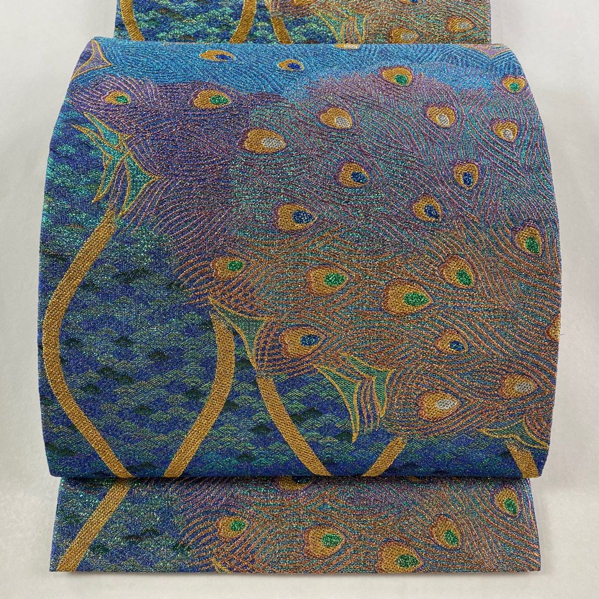 袋帯 幾何学模様 立涌 箔 金糸 青緑 六通 正絹