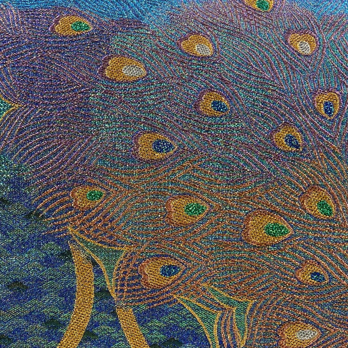 袋帯 幾何学模様 立涌 箔 金糸 青緑 六通 正絹