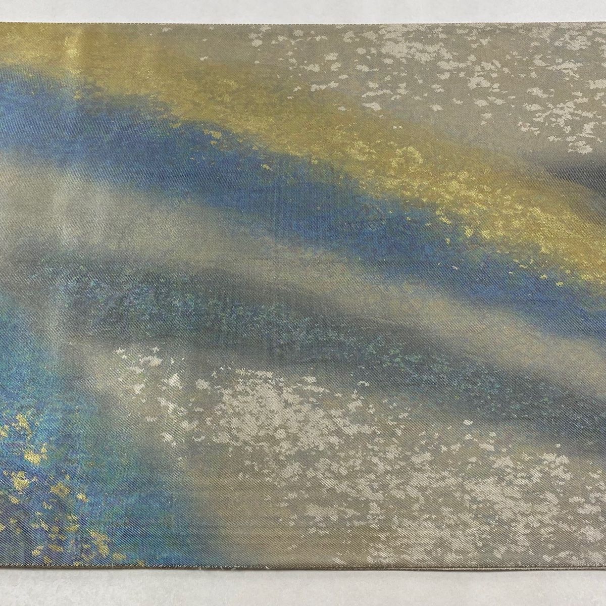  袋帯 証紙 幾何学模様 箔 青灰色 六通 正絹 袋帯 帯