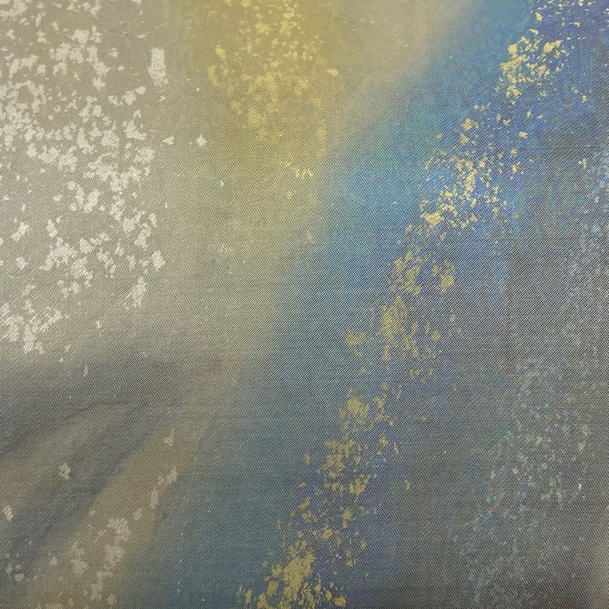 袋帯 証紙 幾何学模様 箔 青灰色 六通 正絹