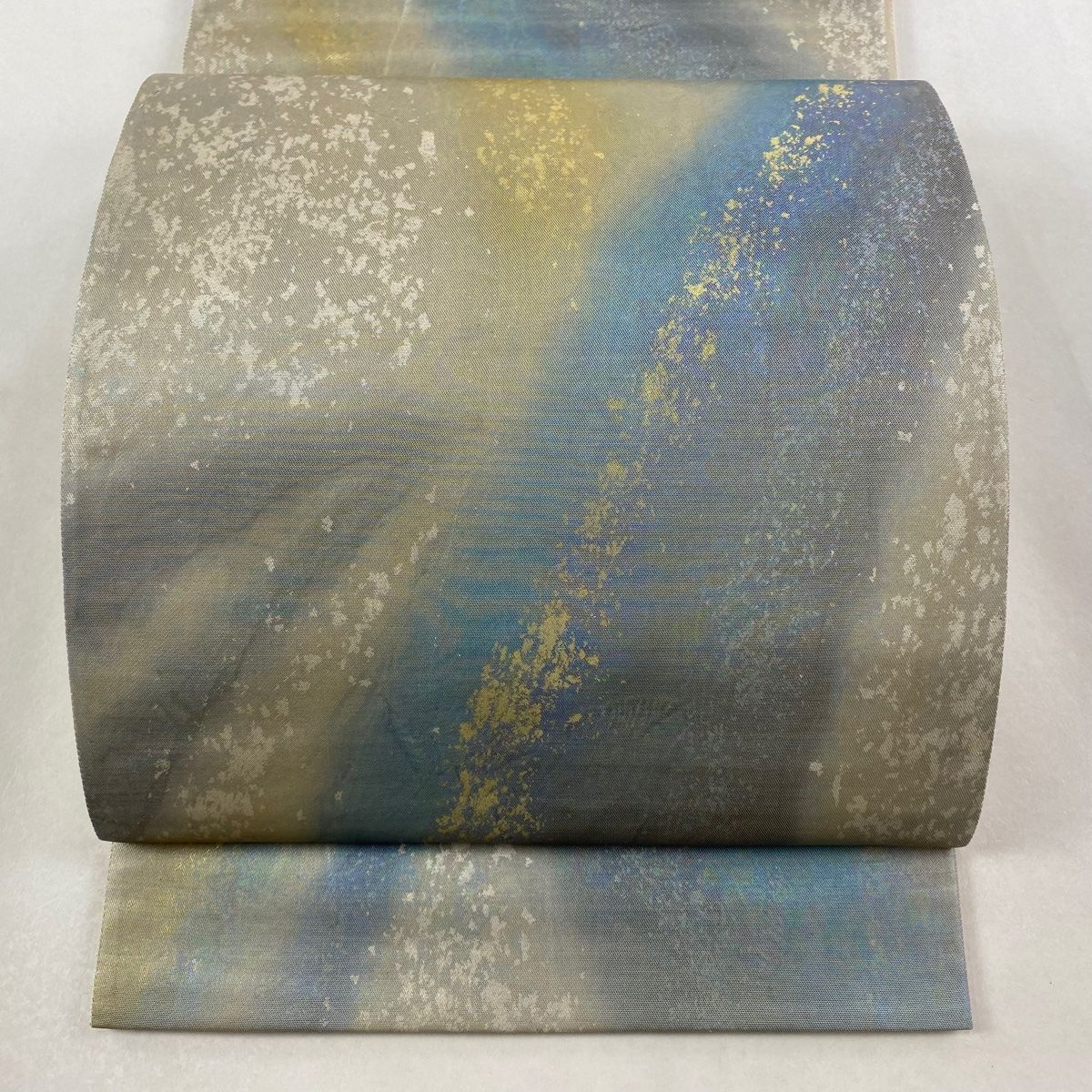 袋帯 証紙 幾何学模様 箔 青灰色 六通 正絹