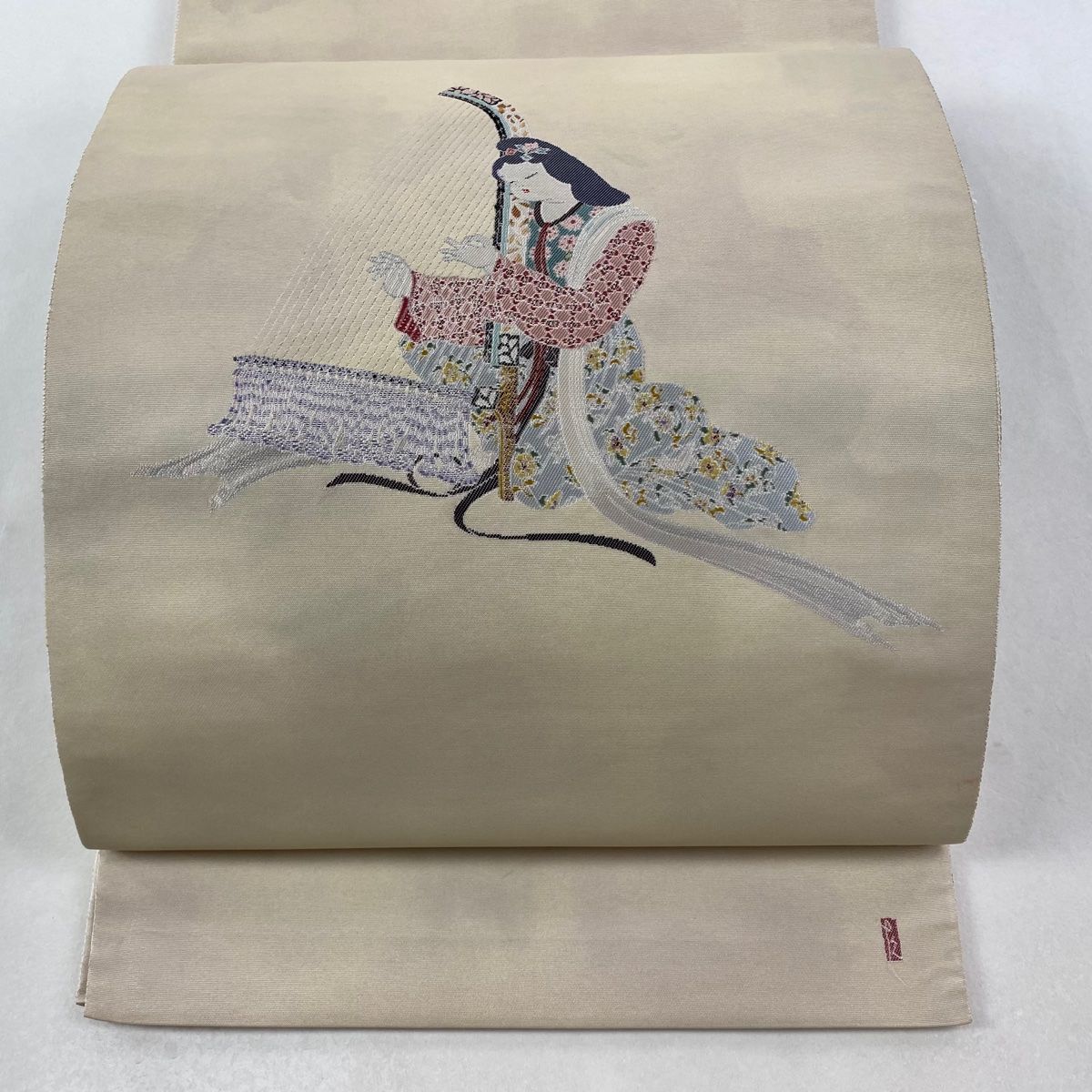 袋帯 由水十久監修 落款 人物 箜篌 ベージュ お太鼓柄 正絹