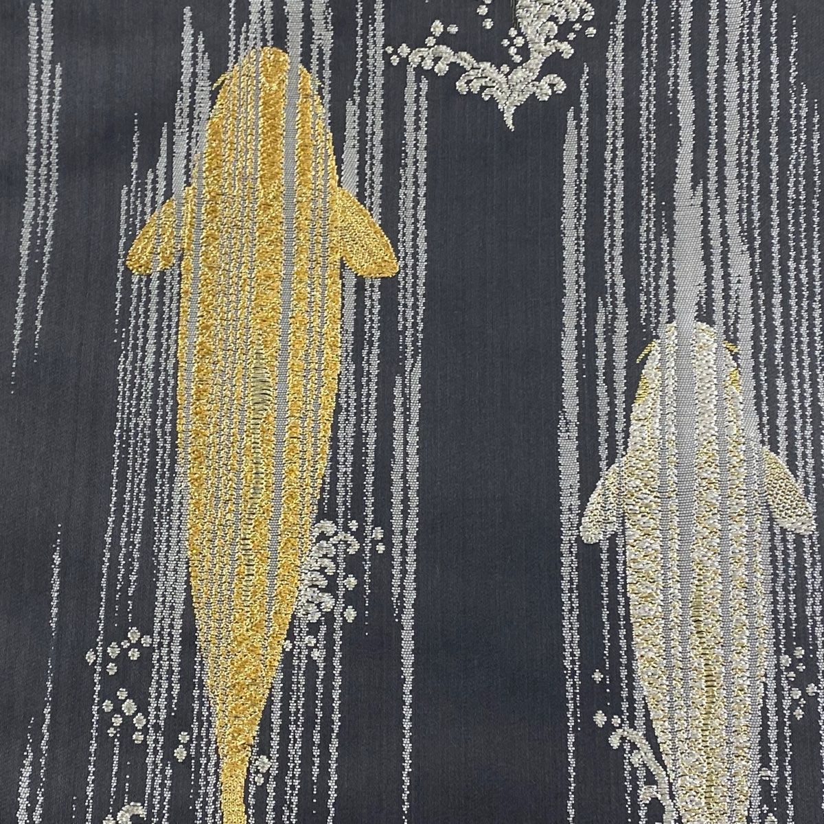 袋帯 山口美術織物 落款 鯉の滝登り 金銀糸 箔 灰色 六通 正絹