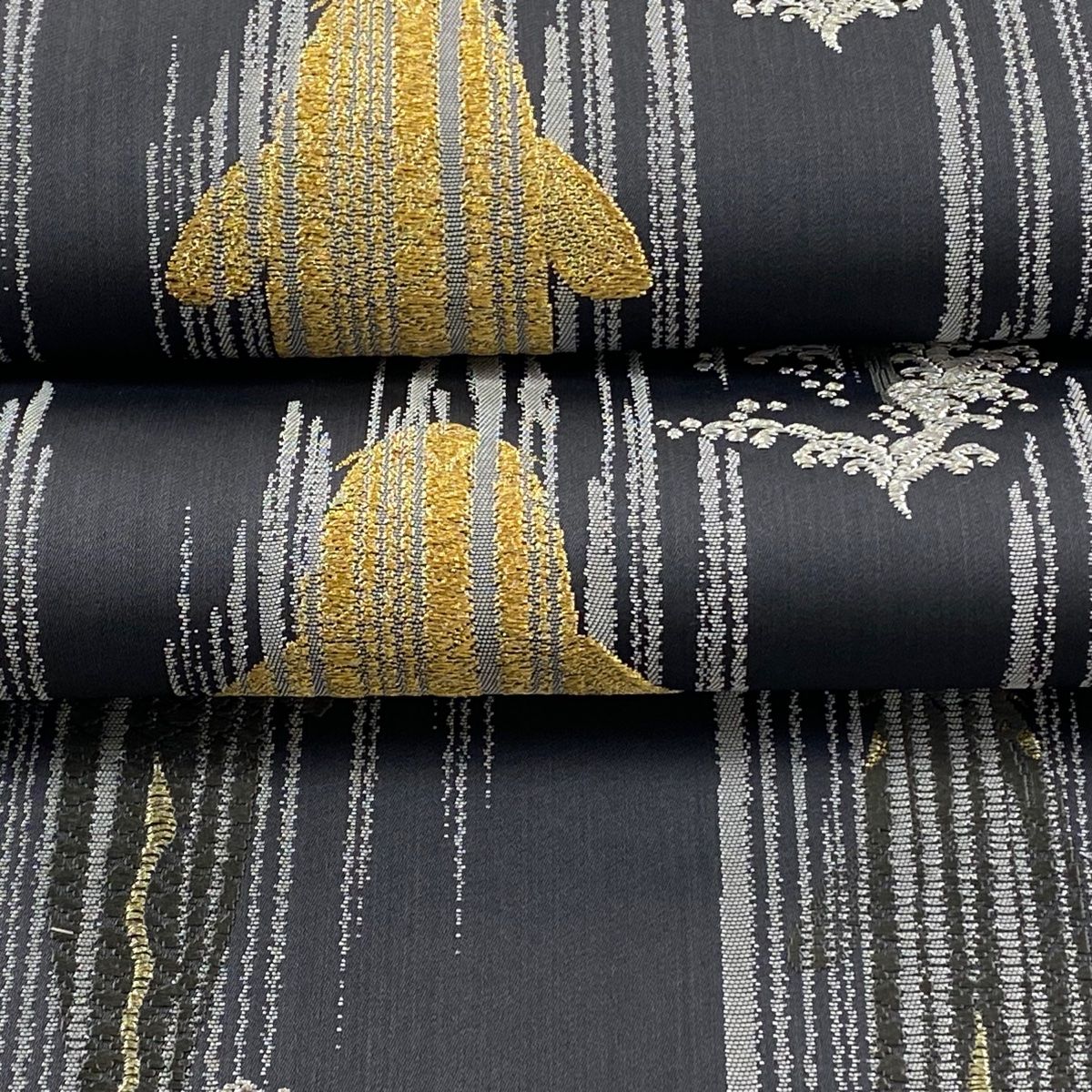  袋帯 山口美術織物 落款 鯉の滝登り 金銀糸 箔 灰色 六通 正絹 袋帯 帯