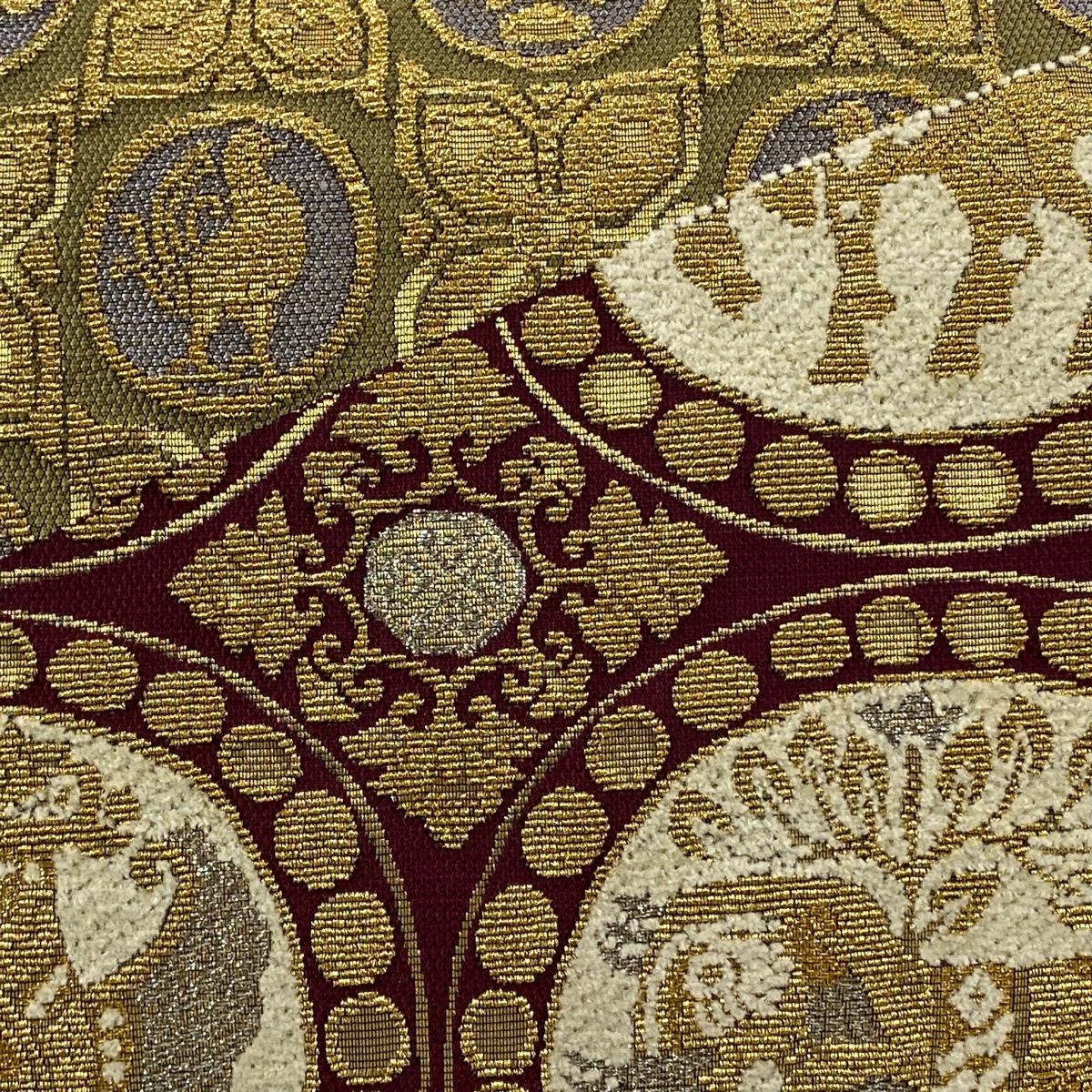 袋帯 モール風 輪奈織 動物 幾何学 金糸 箔 金色 お太鼓柄 正絹