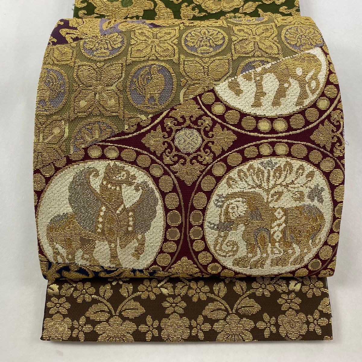 袋帯 モール風 輪奈織 動物 幾何学 金糸 箔 金色 お太鼓柄 正絹