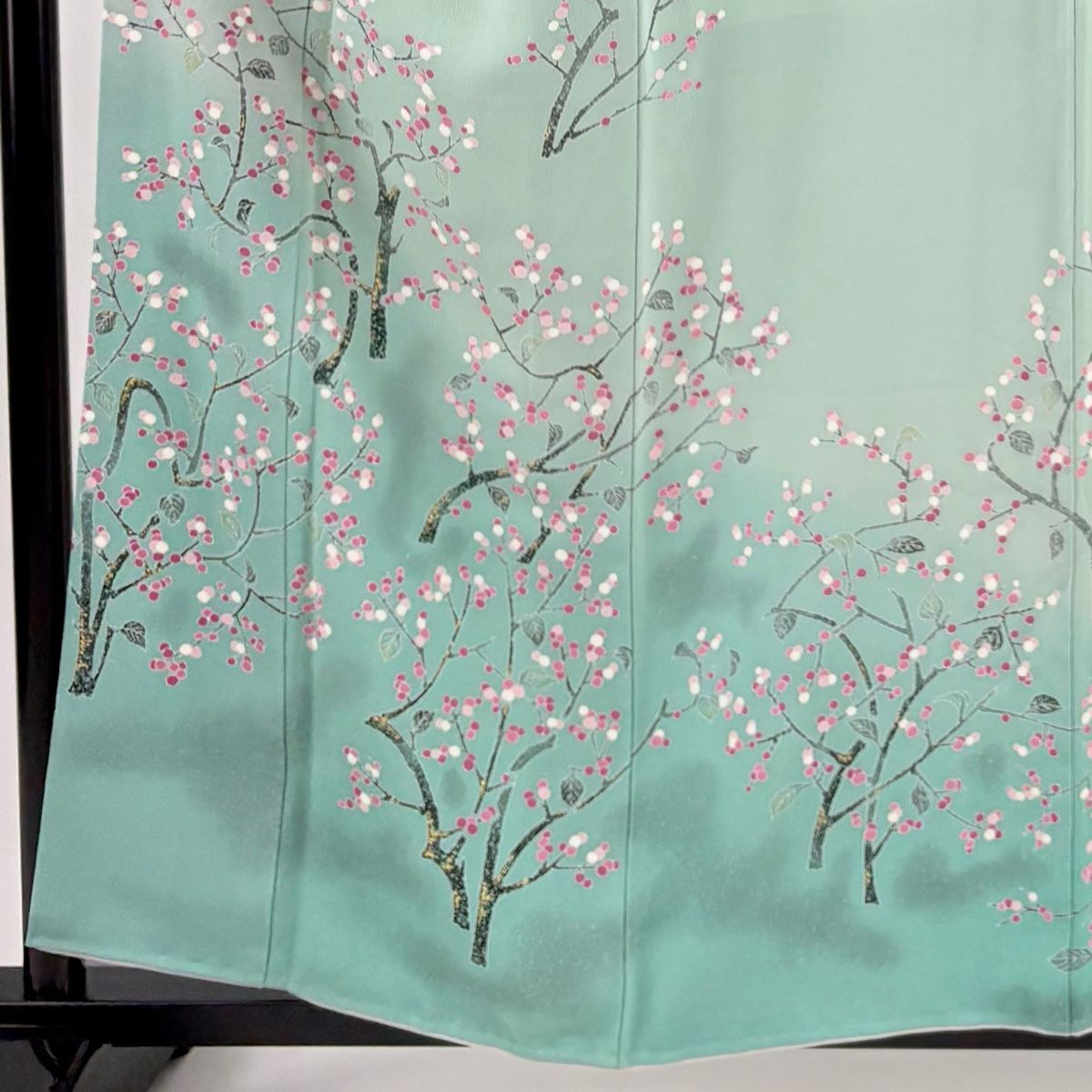 訪問着 身丈157 cm 裄丈65 M 袷 落款 樹木 金彩 ぼかし 薄緑 正絹 秀品