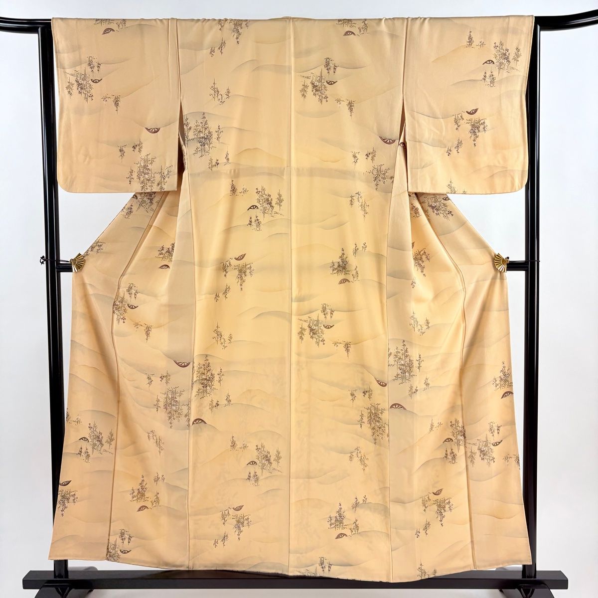 小紋 身丈156 cm 裄丈65 M 袷 片輪車 樹木 ベージュ 正絹 秀品