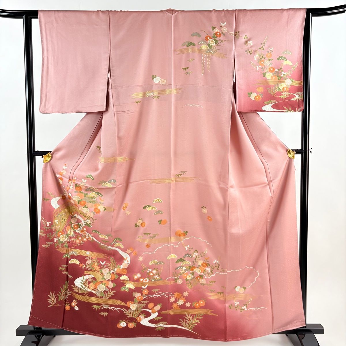 訪問着 身丈161 cm 裄丈63 S 袷 松竹梅 橋 金彩 ぼかし 小豆色 正絹 秀品