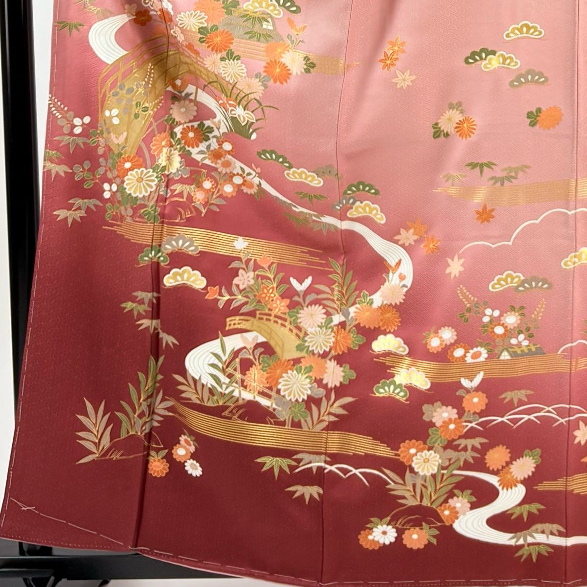 訪問着 身丈161 cm 裄丈63 S 袷 松竹梅 橋 金彩 ぼかし 小豆色 正絹 秀品