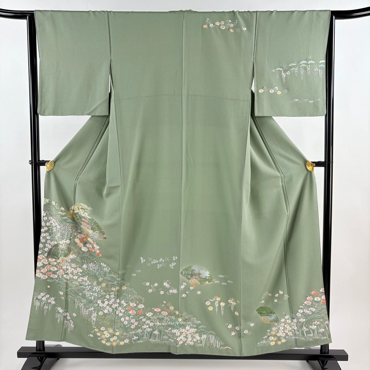 訪問着 身丈166 cm 裄丈64 5 M 袷 扇 草花 金糸 刺繍 よもぎ色 正絹 秀品