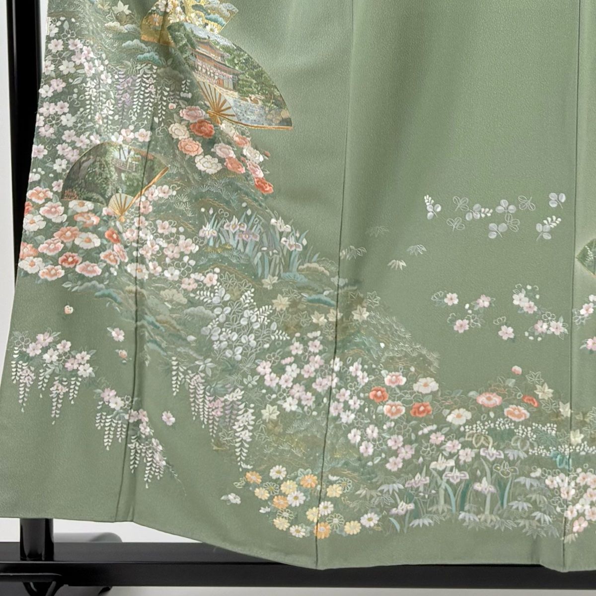 訪問着 身丈166 cm 裄丈64.5 M 袷 扇 草花 金糸 刺繍 よもぎ色 正絹 秀品