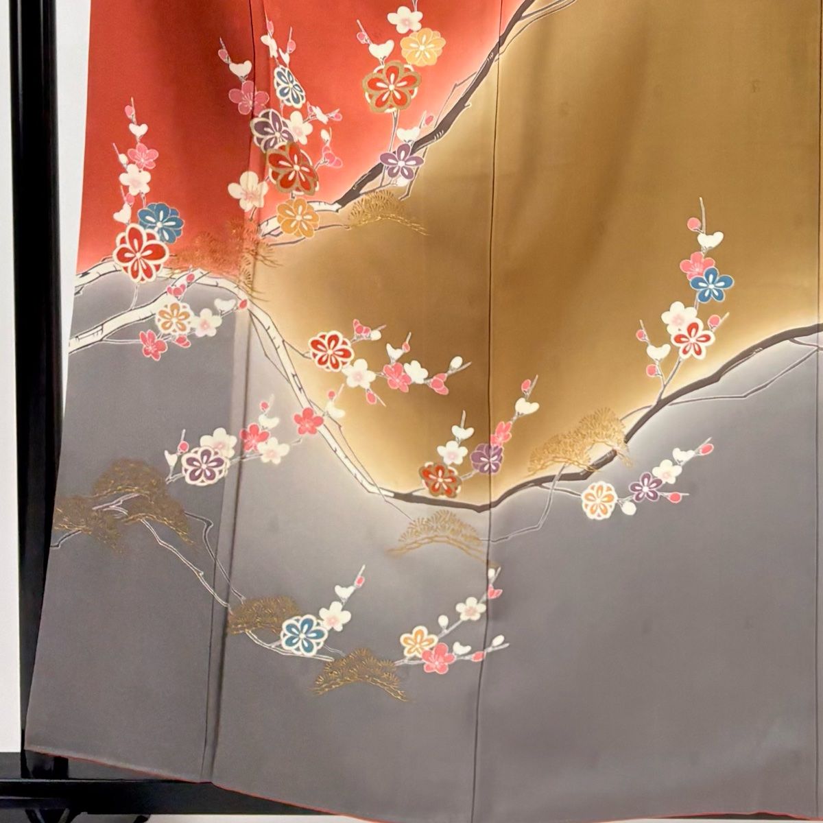 訪問着 身丈159 cm 裄丈67 M 袷 枝梅 笠松 金彩 ぼかし 朱色 正絹 秀品