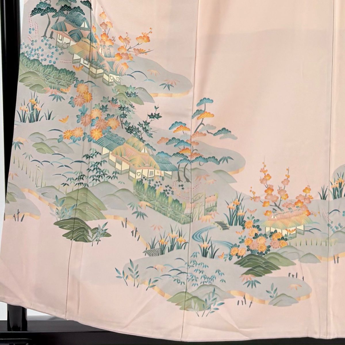 訪問着 身丈158 cm 裄丈63 S 袷 田村哲彦 落款 家屋 松竹梅 薄ピンク 正絹 秀品 一つ紋