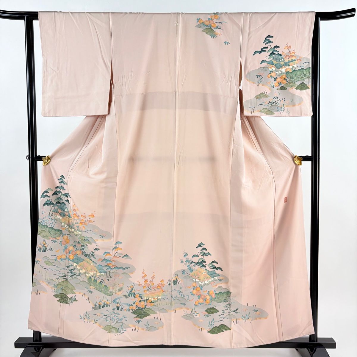 訪問着 身丈158 cm 裄丈63 S 袷 田村哲彦 落款 家屋 松竹梅 薄ピンク 正絹 秀品 一つ紋